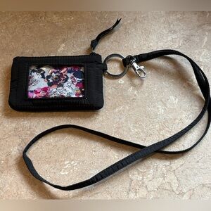 Vera Bradley Black Quilted ID Wallet Lanyard with Silver Hardware